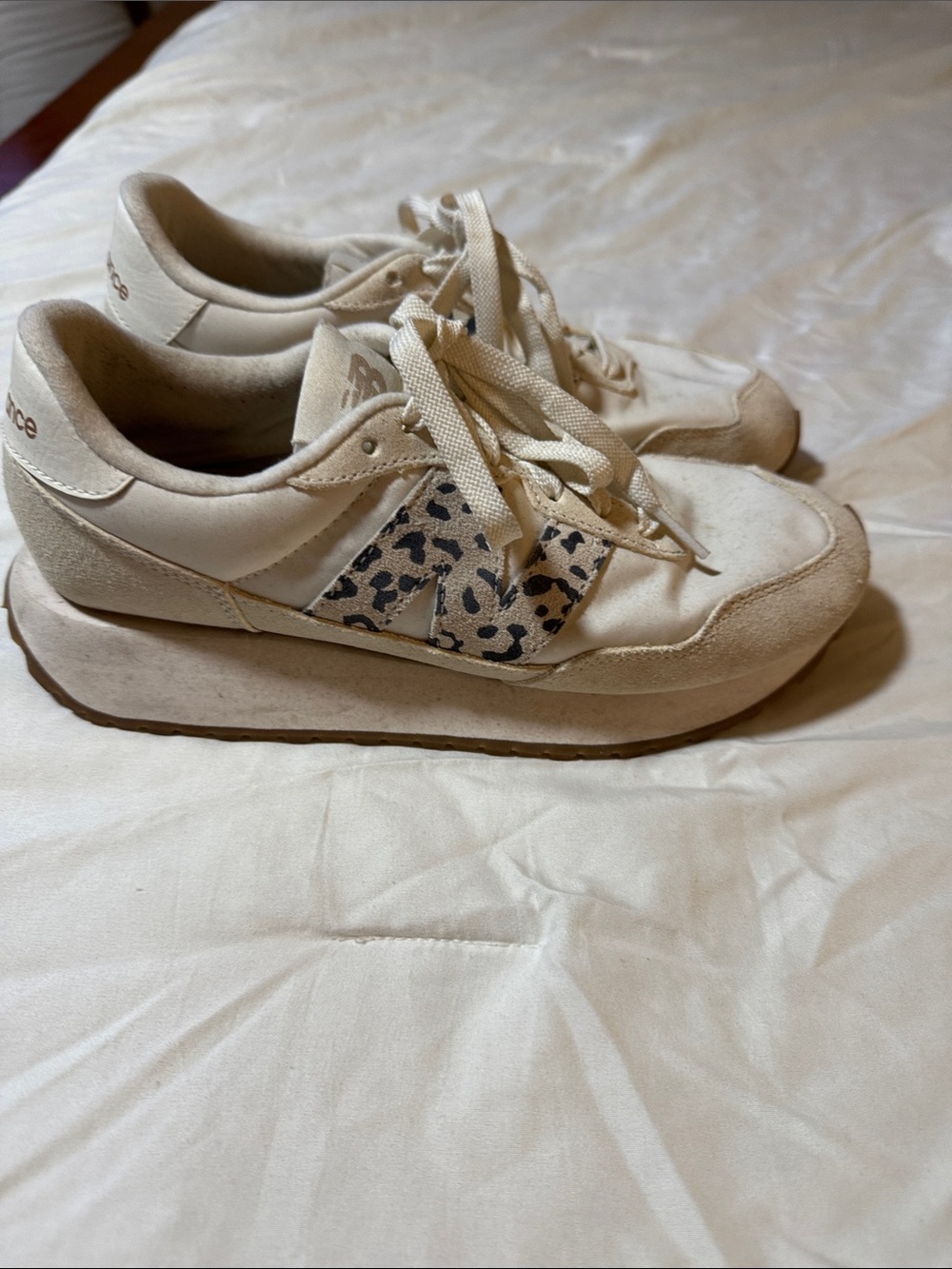 New Balance Cream Platform Sneakers with Leopard Print Accent